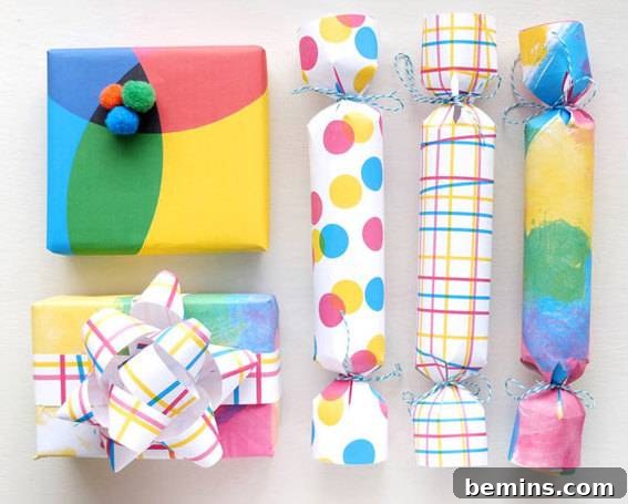 A joyful assortment of birthday presents, each vibrantly wrapped in colorful paper featuring a mix of spots and stripes, promising fun and festive celebrations.