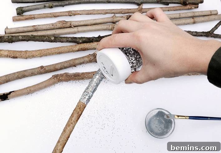 Painting and Glittering the Twigs: Adding Festive Sparkle