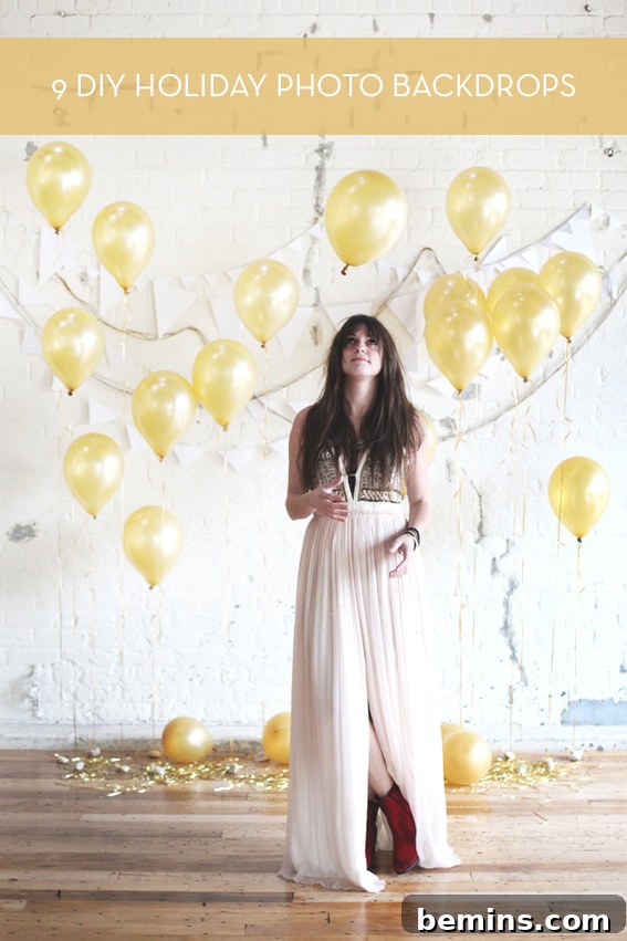 Woman posing with gold balloons - DIY Holiday Photo Backdrop