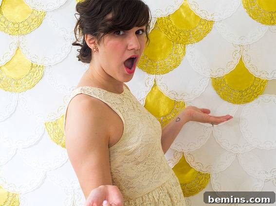 Woman showing shocking reaction with doily backdrop - DIY Holiday Photo Backdrop