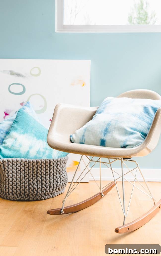 Blue shibori dyed pillows in a swing chair and a knitted basket