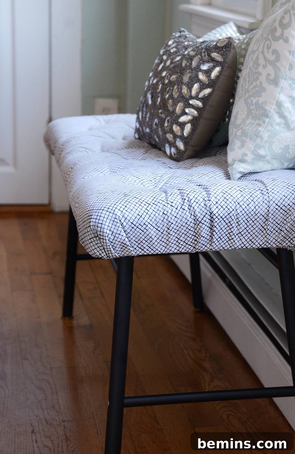 Finished IKEA Hack Upholstered Bench in a Kitchen