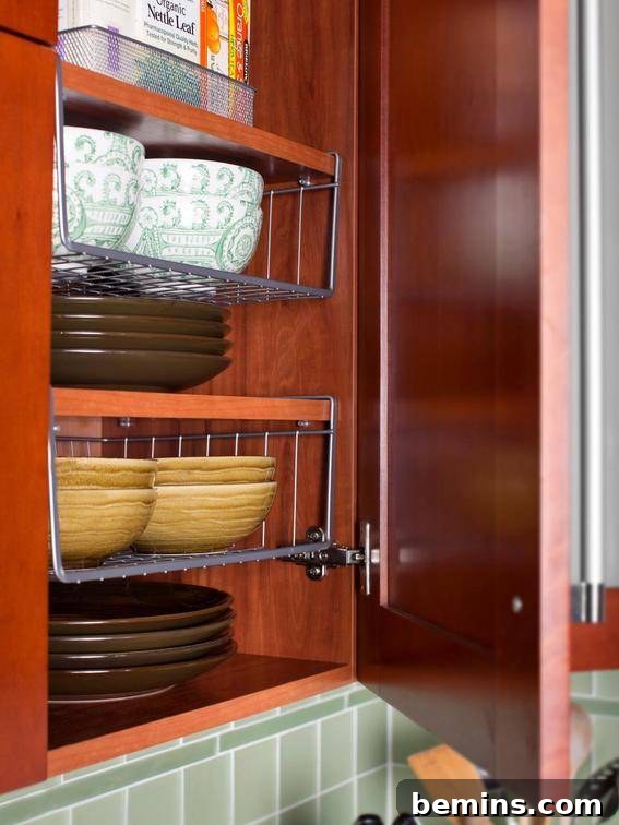 Neatly arranged kitchen storage items on a stylish rack.