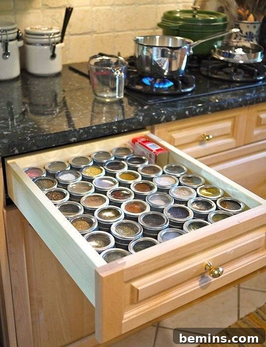 Spice drawer organizer for a well-stocked and accessible spice collection.