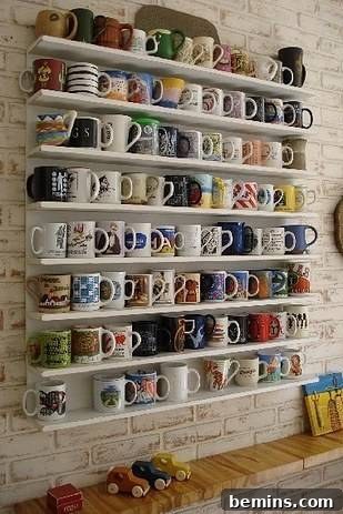 Kitchen cabinet overflowing with a stylish mug collection.