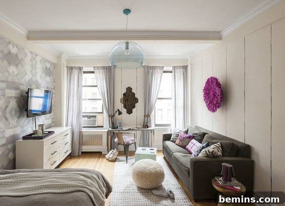 Living Room with Bookshelves Behind Couch