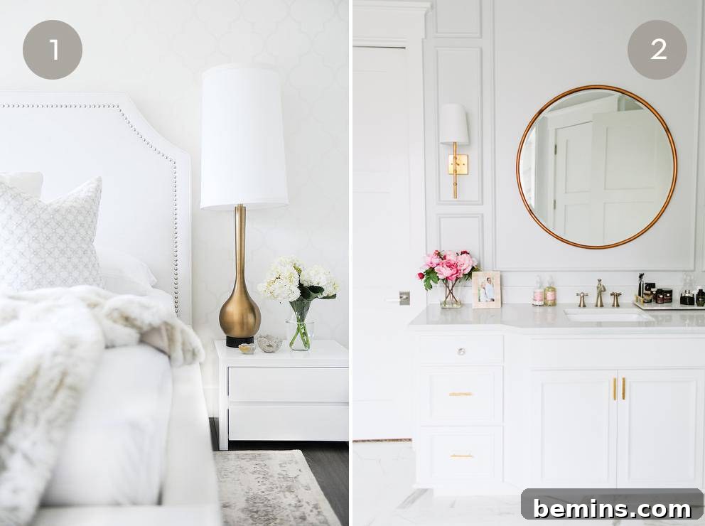 An all-white bathroom with warm metal accents