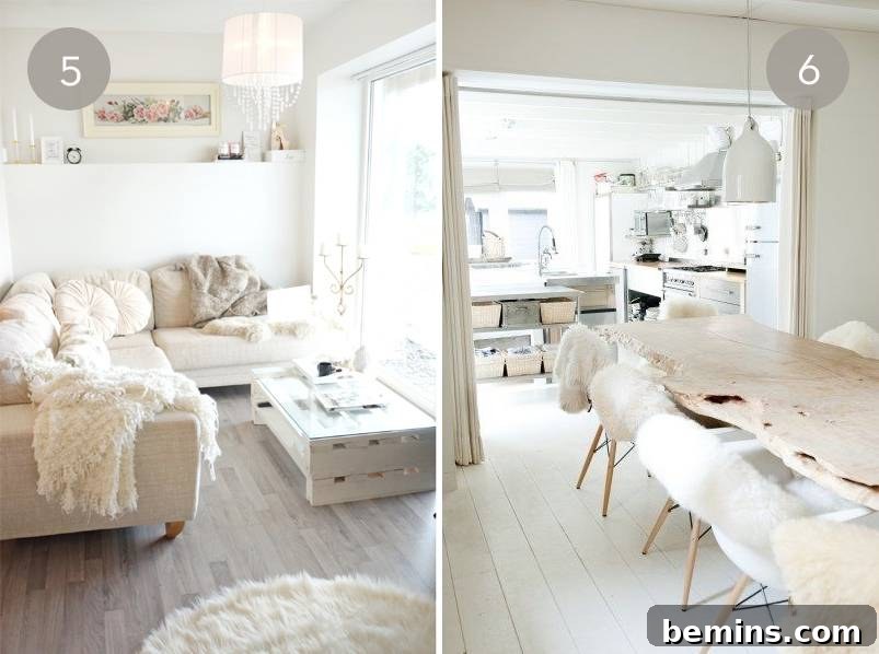 A whitewashed living room with brown accents