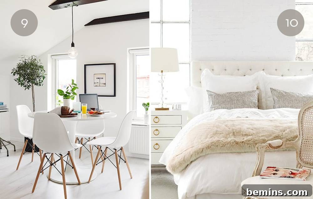 A dining room with winter white decor and a live-edge wooden table