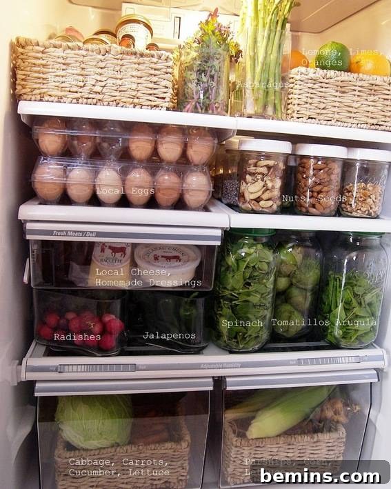 Refrigerator with fruits and vegetables organized in baskets, mason jars, and vases