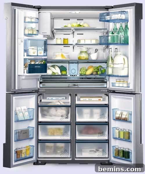 Fully stocked four-door refrigerator with adjustable temperature zones