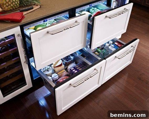 Kitchen with undercounter refrigerator drawers open, revealing their contents