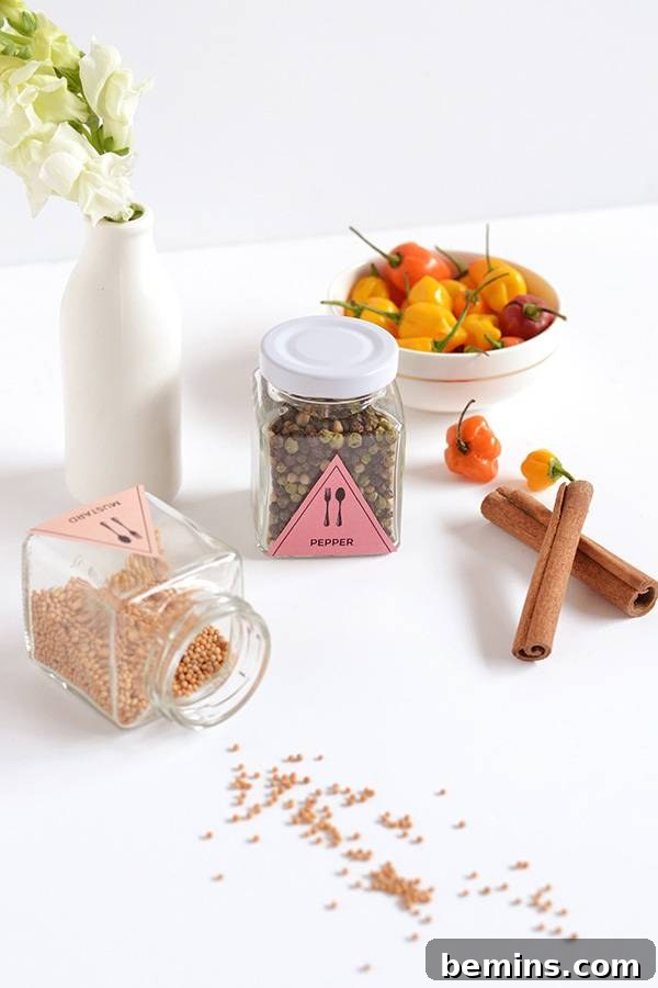 Two jars with labels, positioned near a vase and a bowl on a white table, highlighting the practical application of the labels.
