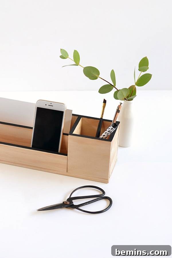 Minimalist Wooden Desk Organizer: A DIY Guide 18 Close-up of the DIY wood desk organizer, showcasing its design and functionality