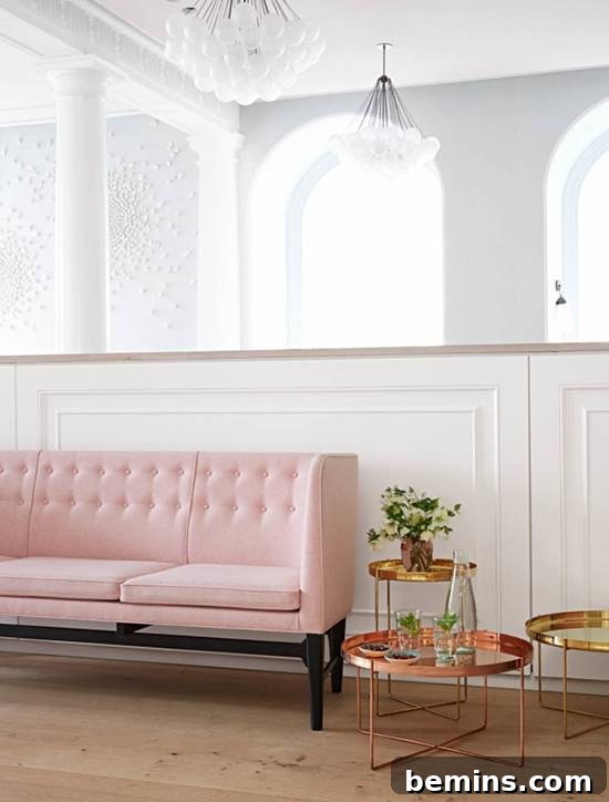 Restaurant interior with pastel-colored furniture and decor