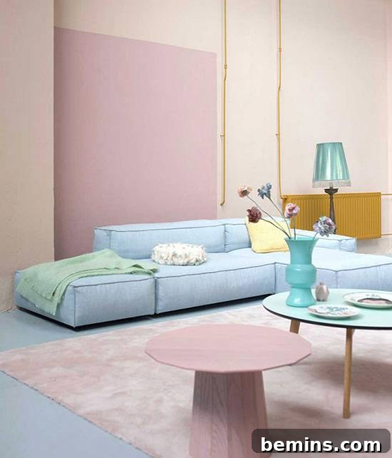 Bedroom with pastel walls and modern art