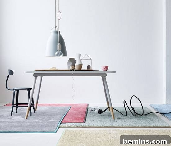 Living room with a pastel-colored rug and neutral furniture