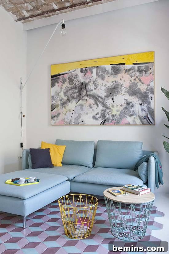 Apartment with pastel blue walls and eclectic decor