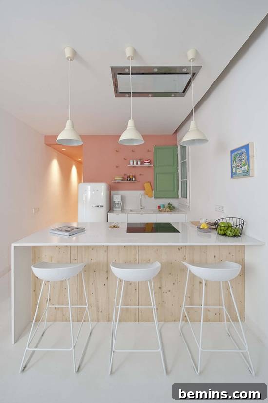 Modern apartment with pastel furniture and geometric patterns