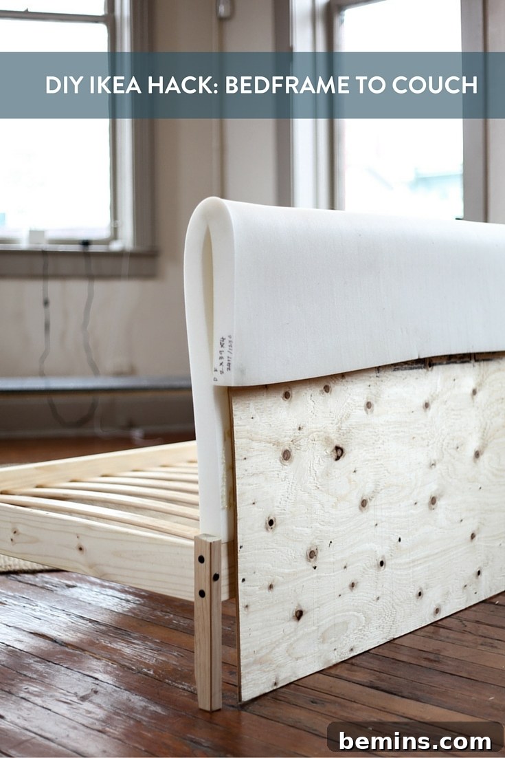 FJELLSE Bedframe to Chic Couch: An IKEA Hack 2 Slatted bed frame transformed into a cushioned headboard couch.
