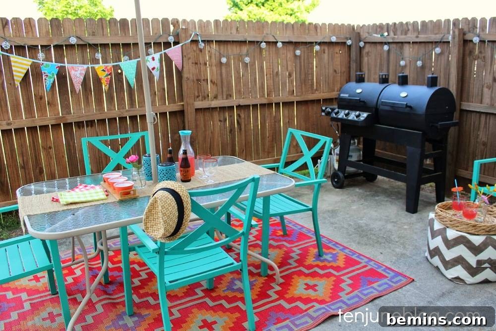 Patios with spring vibes featuring colorful chairs and a rug