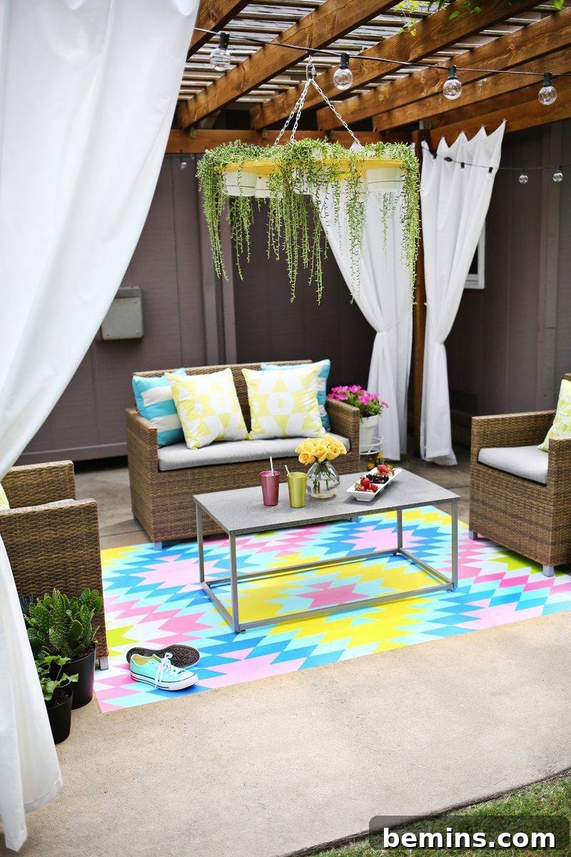 Patios and porches with spring vibes featuring a colorful outdoor rug