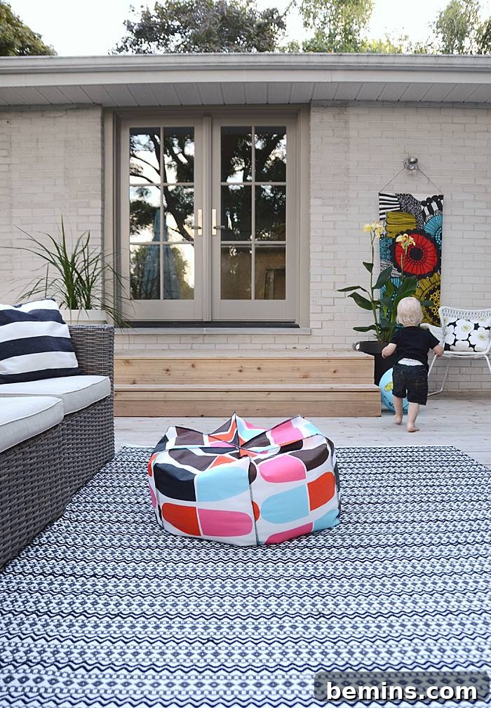 Patios and porches with a spring vibe featuring a colorful DIY pouf