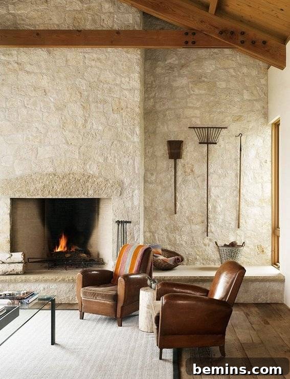 Cozy River Rock Fireplace with Wood Paneling