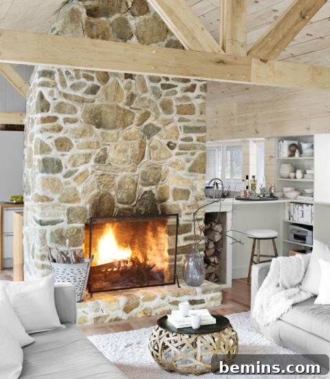 Modern Stacked Limestone Fireplace