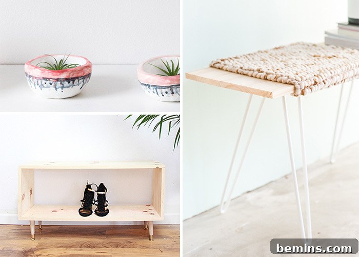 7 Creative DIY Projects to Tackle This Weekend 2 A charming DIY wooden bench with a potted plant and slipper on a stand, perfect for adding character to your entryway or living space.