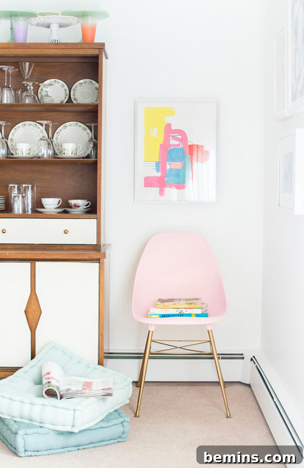 7 Creative DIY Projects to Tackle This Weekend 8 A minimalistic room featuring a blush pink mid-century side chair, demonstrating how a simple makeover can transform a piece of furniture and update your interior style.