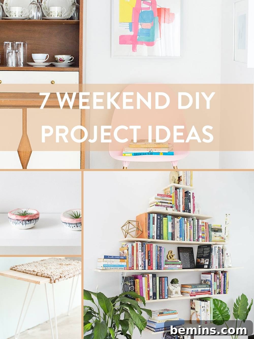 7 Creative DIY Projects to Tackle This Weekend 10 A stylish home interior featuring a brown shelf with cups and saucers, colorful art on the wall, and an open bookshelf, demonstrating the impact of creative home decor choices.