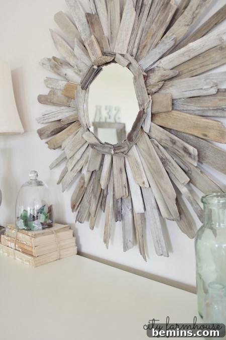 Driftwood Decor: 15 Coastal Style Ideas 16 DIY starburst driftwood mirror