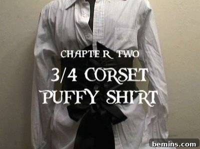 Pirate costume with corset and puffy shirt.