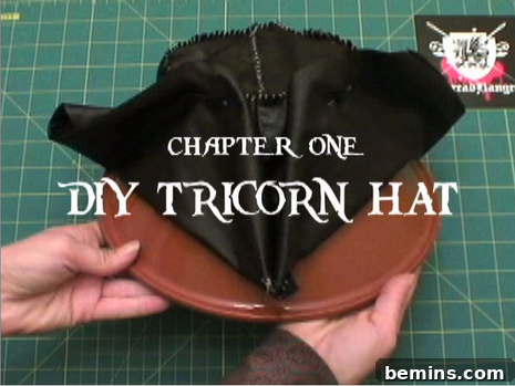 Illustration showing the steps involved in making a DIY tricorn hat for a pirate costume.