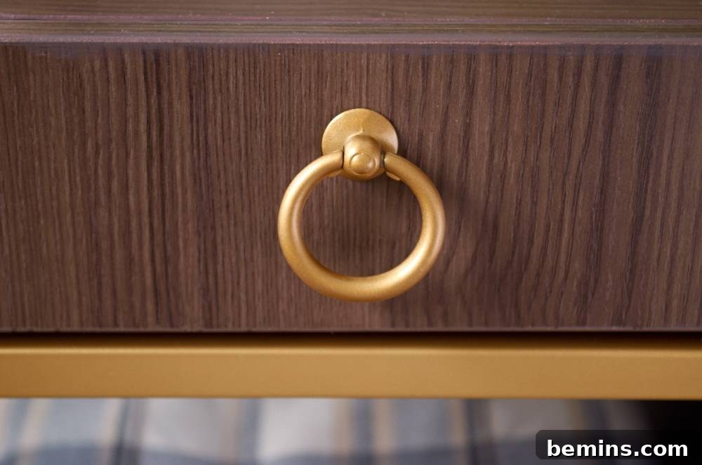 Close-up of a brown drawer with a gold handle