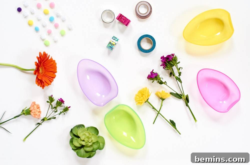 Various craft supplies including plastic eggs, flowers, washi tape, and scissors laid out on a white surface.