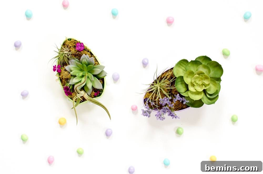 Easter egg planters with small green plants growing inside.