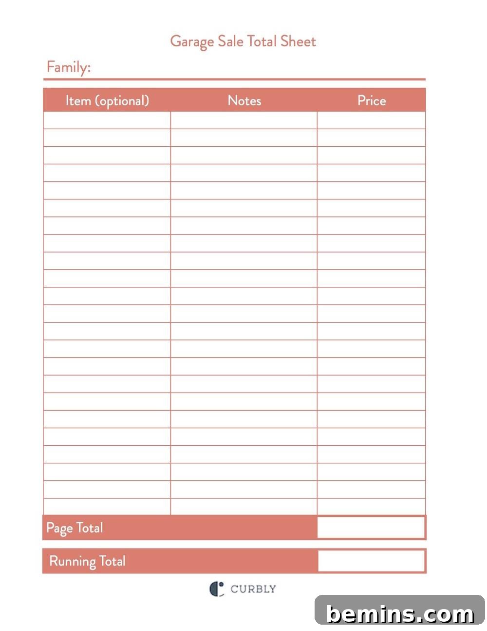 The Family Garage Sale Total Sheet