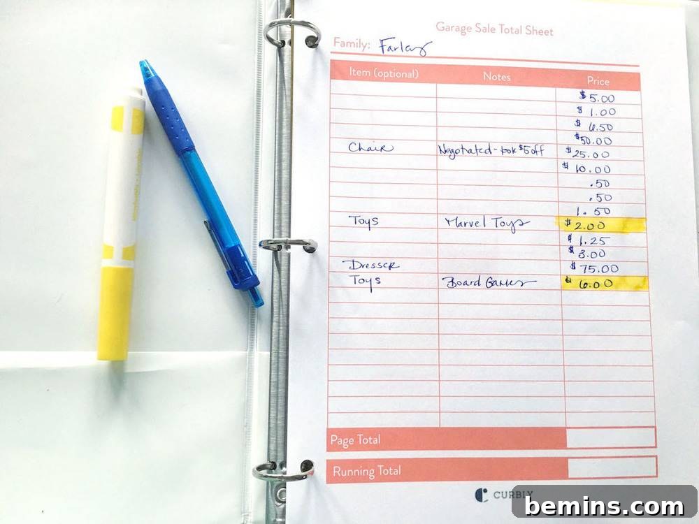 Filling out The Family Garage Sale Total Sheet