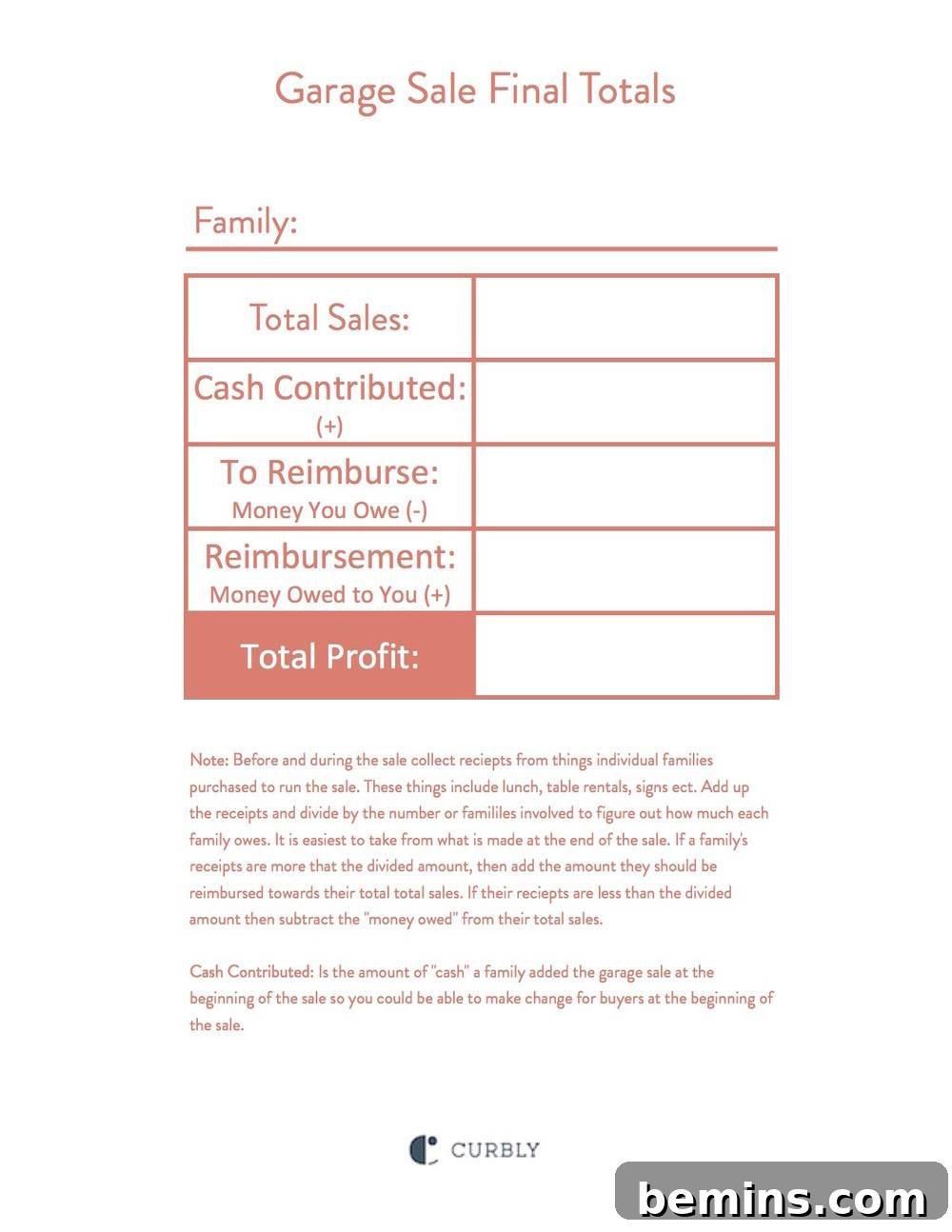 Garage Sale Final Totals Sheet