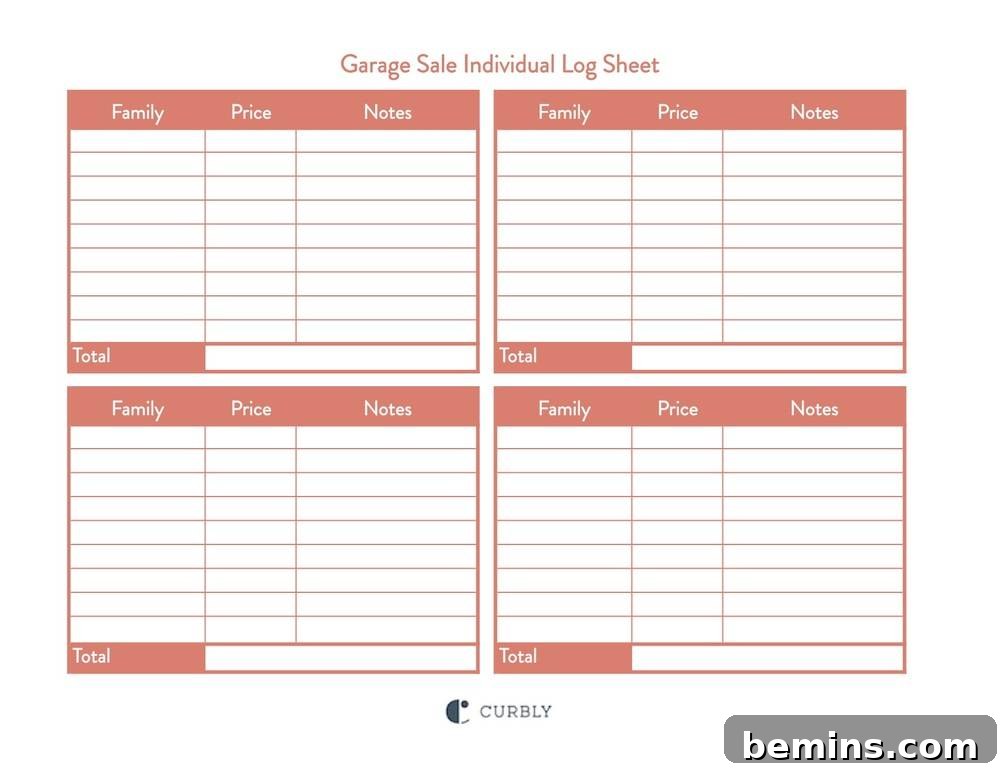 Garage Sale Individual Log Sheet Example