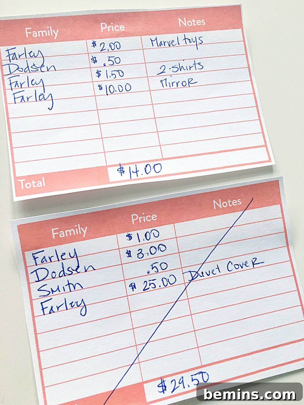 Garage Sale Log Sheet with Item Prices and Initials