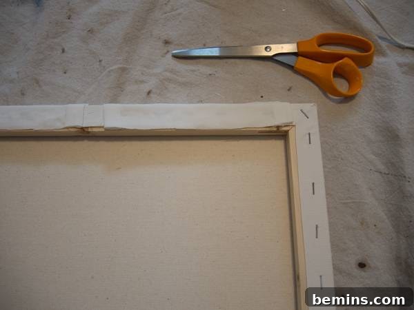 Cut off the excess fabric on the back of the canvas