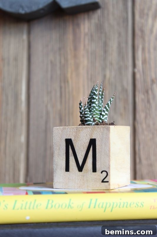 A wooden planter with an M on it has plants in it, sitting on a modern table.