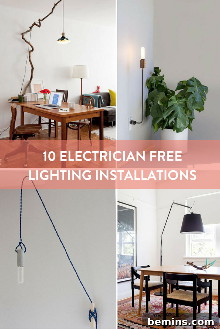 10 Stunning DIY Lighting Ideas No Electrician Required 12 A stylish plug-in pendant light with a decorative, visible cord attached to a wall cleat, illuminating a space without overhead wiring.