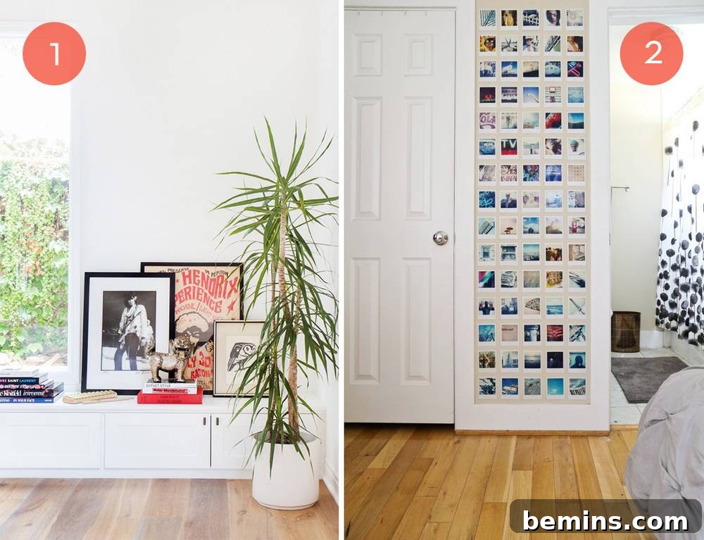Gallery wall of leaning art pieces against a white wall.