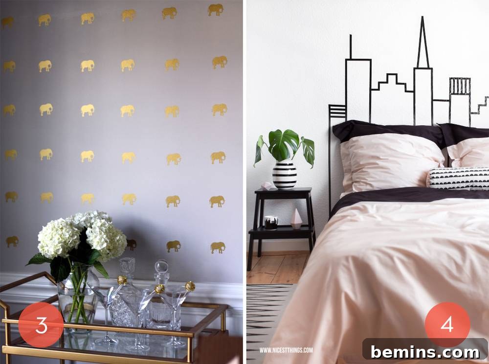 Close-up of elephant-patterned wall decals creating a wallpaper effect.