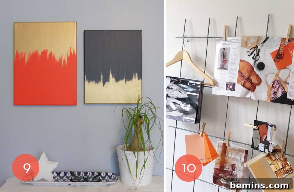 Colorful painted canvases displayed on a living room wall using 3M Command Strips.