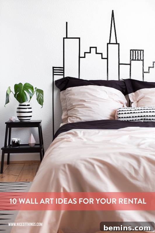 Close up of DIY washi tape New York city bed headboard.